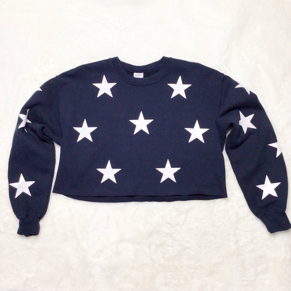 Gildan Cropped Star Print Navy Blue Sweatshirt Size M